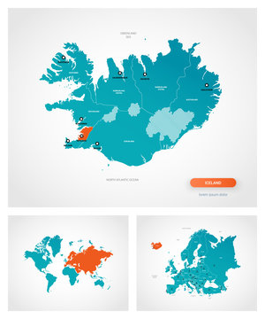 Editable template of map of Iceland with marks. Iceland on world map and on Europe map.
