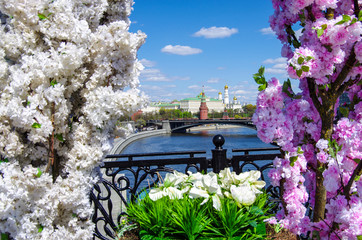 MOSCOW, RUSSIA - April, 2019: Decorations on The Easter Gift Festival. View of the Kremlin and Moscow river