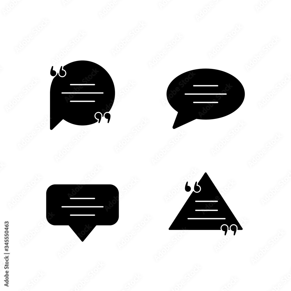 Poster empty chat bubbles with quotation marks black glyph icons set on white space. textbox with quotes. e