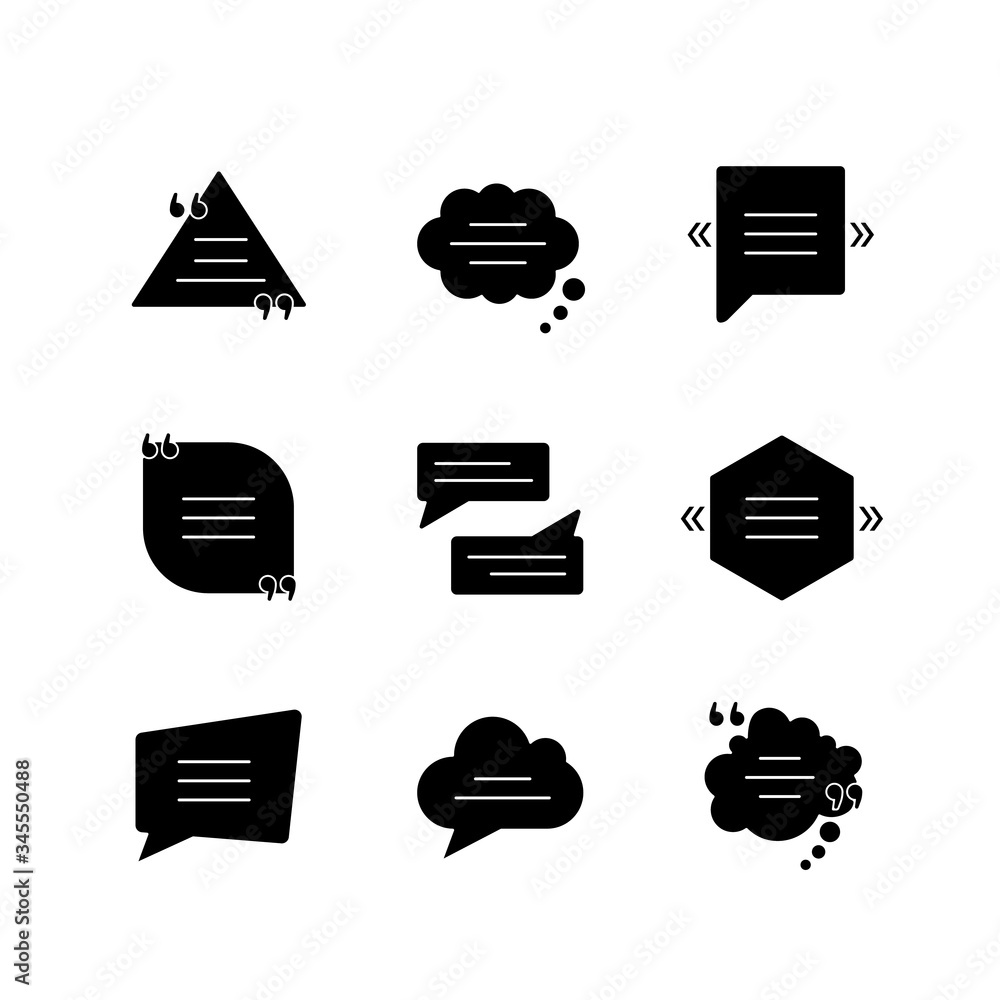 Poster comment box black glyph icons set on white space. blank speech clouds different shapes. triangle and