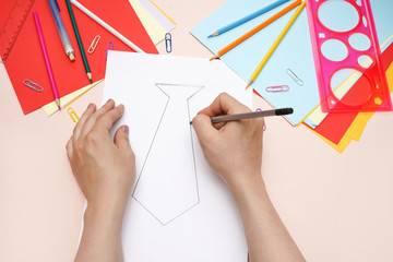 Making greeting card for Father's Day. art project. DIY concept. Step-by-step photo instruction. Step 1