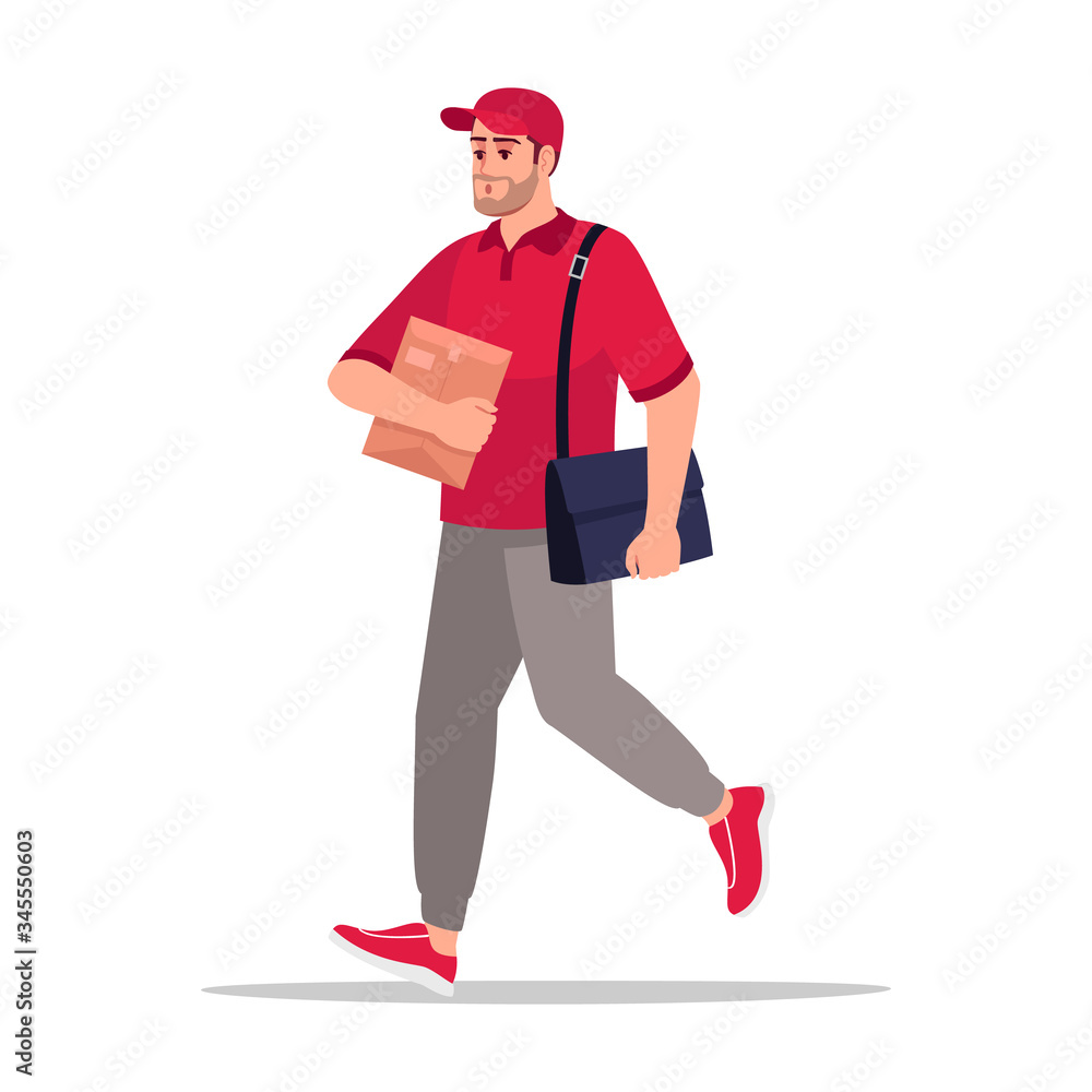 Poster mail carrier semi flat rgb color vector illustration. postman walk with order. worker with cardboard
