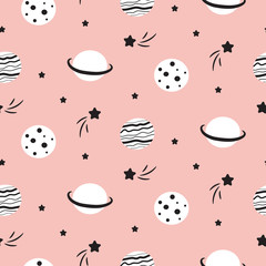 Seamless pattern with cartoon planet stars and comets.