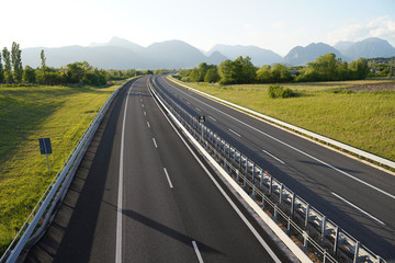 Motorway A23 in Northern Italy during the last day of Lockdown, May 3rd 2020