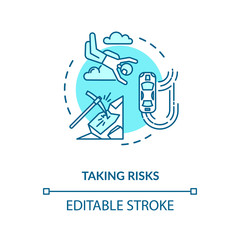 Taking risks concept icon. Extreme recreational sport, personal growth idea thin line illustration. Search for excitement, adrenaline rush. Vector isolated outline RGB color drawing. Editable stroke