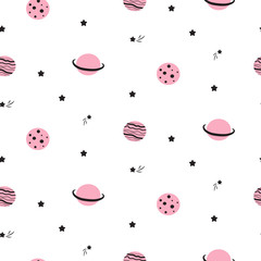 Seamless pattern with cute cartoon planet stars and comets.
