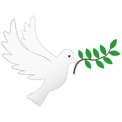 Dove of peace symbol vector illustration. A flying white pigeon holding an olive branch in its mouth. Printable Eps 10 file format on isolated background.