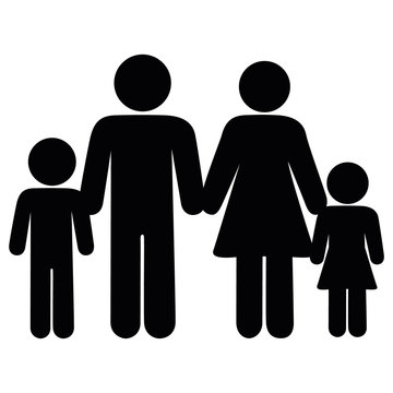 Black and white family icon vector illustration. A drawing composed of woman, man, girl, and boy on isolated white background.
