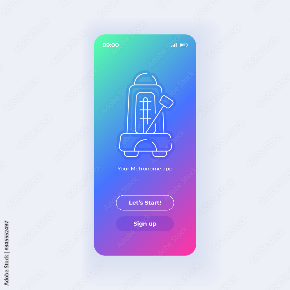 Poster metronome application smartphone interface vector template. mobile app page light design layout. wel