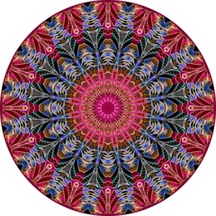 Round decorative carpet or ceramic dish with a flower - mandala in emerald, blue, golden and raspberry colors.