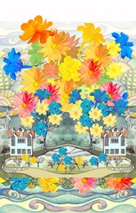 Beautiful fairytale landscape with houses and trees from big colorful flowers. Seamless pattern. Perfect design for kids room.