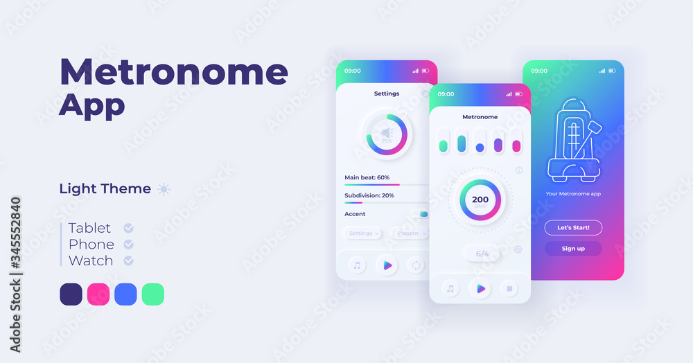 Aufkleber metronome application cartoon smartphone interface vector templates set. mobile app screen page day 
