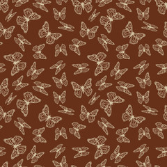 Beautiful butterfly, simple beige silhouettes on brown, vintage seamless pattern