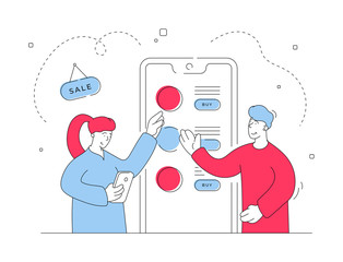 Couple choosing from several options in online store