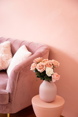 pink rose decoration in minimal pastel room .