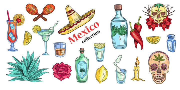 Vector “Mexico collection” set of labels with sombrero, tequila bottles, cocktails, skulls and agave. Icons in engraving grunge style. Isolated on white.