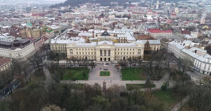 Lviv university of Ivan Franko. Aerial shot. Aerial Old City Lviv, Ukraine. Central part of old city. Densely populated areas of the city. The Ivan Franko National University