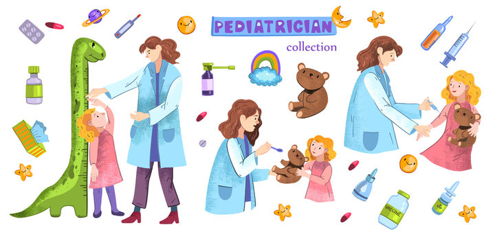 Hand drawn vector set &ldquo;Pediatrician&rdquo; with kind female doctor and little red-haired girl at the hospital appointment. With medical objects and smiles. Isolated on white background.  