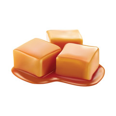 Caramel candies glazed with toffee sauce. Vector design isolated on white background. 3D realistic caramel slice vector design.