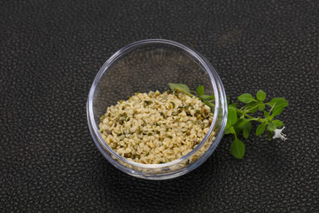 Peeled hemp seeds in the bowl