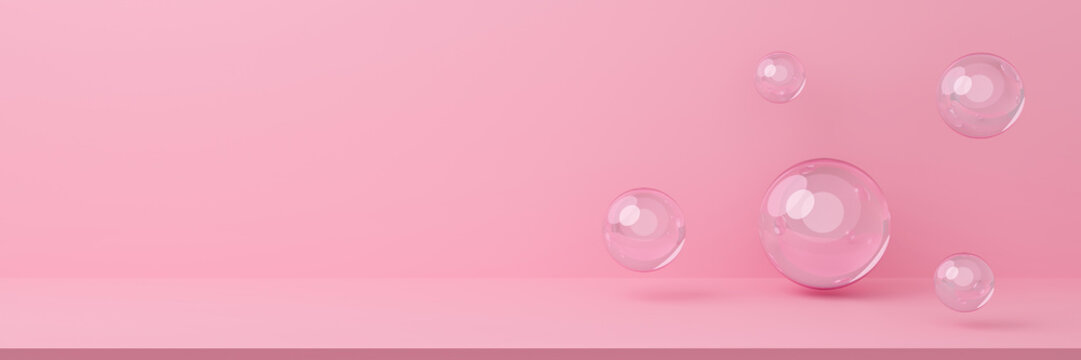 Abstract cosmetics background with pastel geometric shape. 3d rendering for display product, banner on website. Minimal mockup with sphere pattern. Empty showcase for ads. Realistic 3d pink balls.
