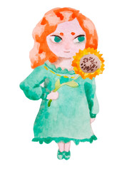 Illustration of cartoon girl with ginger hair in green dress with sunflower 