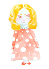Illustration of cartoon girl with yellow hair in polka-dot dress