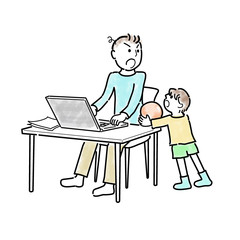 リモートワーク, テレワーク, 在宅, 在宅ワーク, ノートパソコン, 家族, 仕事中, 子供, 息子, 男の子, 人物, 怒る, 男性, オンライン, 断る, PC, 叱る, パソコン, 邪魔, 白バック, 白背景, カット, 挿絵, 素材, イラスト, 揉める, ノートpc, イラストレーション, 父子, 父と子, eps, ベクター, 家ワーク, テレワークあるある, 遊ぼう, 遊ぶ, 遊び