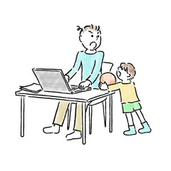 リモートワーク, テレワーク, 在宅, 在宅ワーク, ノートパソコン, 家族, 仕事中, 子供, 息子, 男の子, 人物, 怒る, 男性, オンライン, 断る, PC, 叱る, パソコン, 邪魔, 白バック, 白背景, カット, 挿絵, 素材, イラスト, 揉める, ノートpc, イラストレーション, 父子, 父と子, eps, ベクター, 家ワーク, テレワークあるある, 遊ぼう, 遊ぶ, 遊び