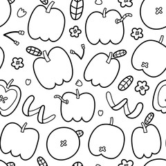 Doodle apple pattern, trendy outline drawing, seamless vector ornament, black and white line art drawing, cute apples and leaves and blooming flowers, good as kitchen print