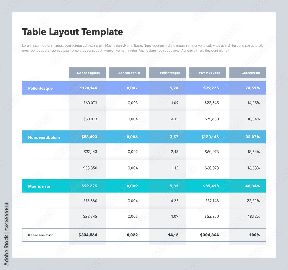 Poster Modern business table layout template with the total sum row and place for your content. Flat design, easy to use for your website or presentation.