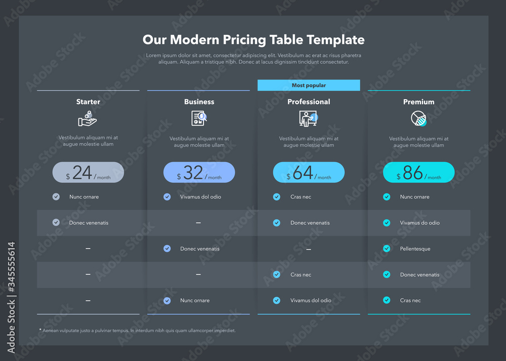Poster Modern looking pricing table design with four subscription plans - dark version. Flat infographic design template for website or presentation.