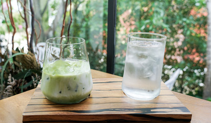 Matcha green tea latte and Drinking water.