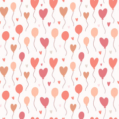 Balloon pattern, cute various heart shaped baloons, hand drawn illustration, simple doodle drawing, romantic background for card or gift wrapping paper, trendy muted colors