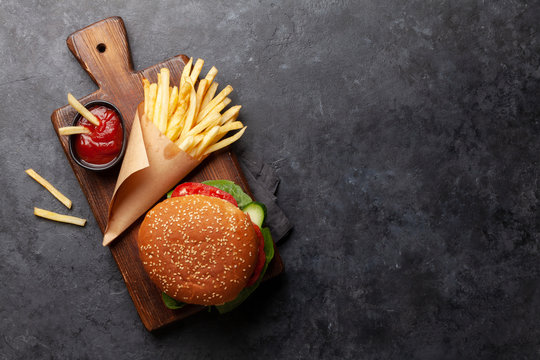 Potato fries and hamburger