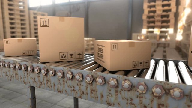 A logistics warehouse where cardboard boxes with parcels are packed and stored. Catron boxes with goods are moving along the conveyor belt to express delivery department. 3d animation seamless loop.