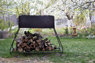 Large grill with a niche for firewood. Home yard. New barbecue on the lawn background with copy...