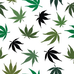 Seamless pattern of green cannabis leaves on a white background. Green hemp leaves. Vector illustration.Seamless pattern of marijuana