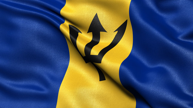 3D illustration of the flag of Barbados waving in the wind.