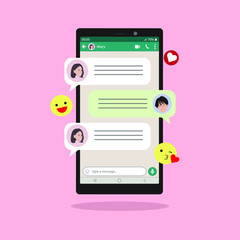 smartphone showing chat screen between lover in the midst of corona virus' social distancing. Chatting app template. Emoticon. Flat style vector.