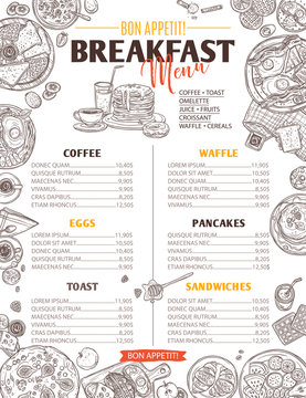 Breakfast food sketch menu. Design template and layout with doodle hand drawn vector illustration