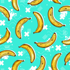 Cotton fabric Bananas trendy hipster seamless pattern with memphis abstract geometric details. Fruit background. Vector sketch freeline illustration