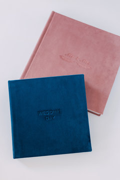 beautiful wedding photo book, book cover made of velor, different size, color blue and pink
