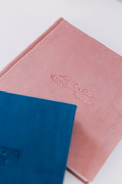 beautiful wedding photo book, book cover made of velor, different size, color blue and pink