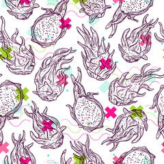 Cotton fabric Dragon fruit seamless pattern with doodle and abstract, geometric, memphis elements. Vector sketch background