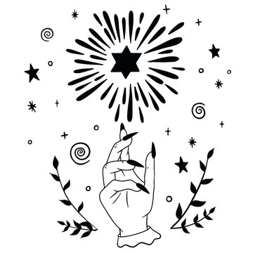 recommend clip art: Vector black and white sketch of a witch's hand and a shooting star