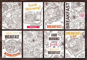 Set of breakfast card. Collection of banners and design for templates, menu. Food vector sketch hand drawn illustrations for layout