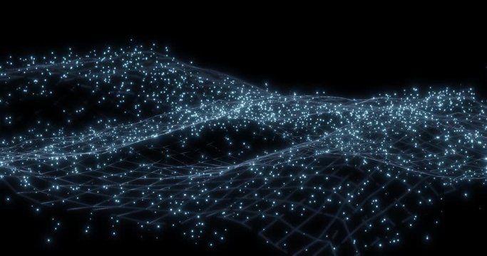 A plexus grid with a stormy wave motion and particles. 3D Rendering in 4K.