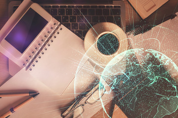 Double exposure of social network theme drawing over table with phone. Top view. People connecting concept.