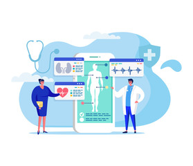 Online medicine concept vector illustration. Cartoon flat tiny woman patient character meeting with man doctor for diagnosis, treatment or consultation, using smartphone app isolated on white